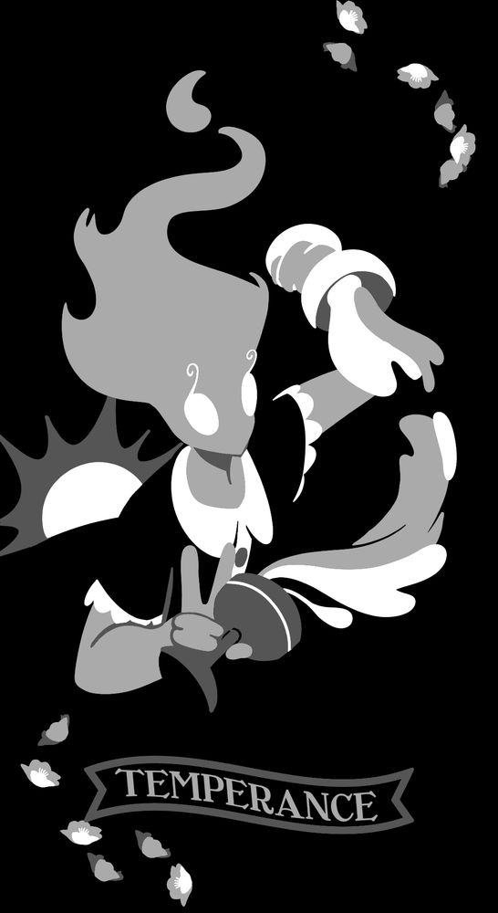 A black and white tarot card-styled decal featuring a will-o-wisp girl holding two flowing cups.