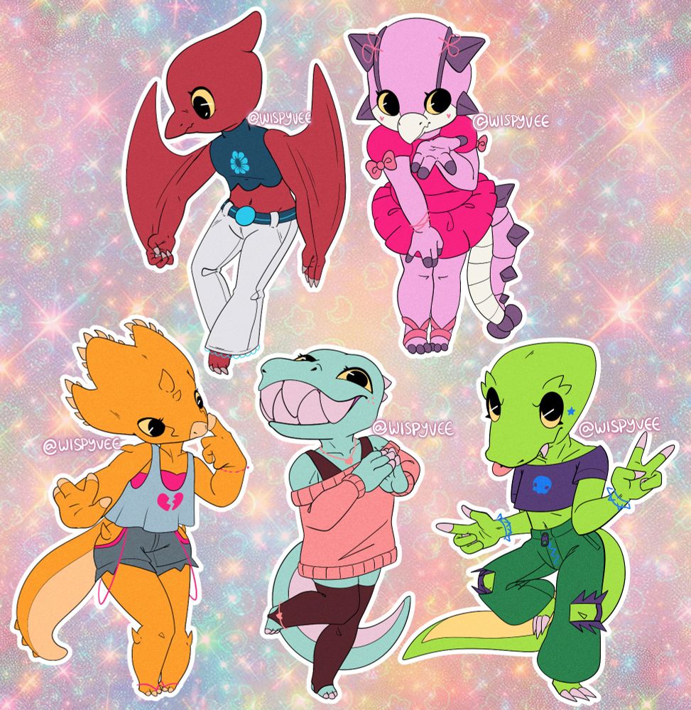 A group of 5 dinosaur girls. From ledt to right:
- an orange triceratops girl with a finger on her cheek, looking confused.
- a red pterodactyl girl looking down as she glides.
- a light blue trex girl with a big toothy grin.
- a purple ankylosaurus girl in a magenta dress, blowing a kiss.
- A green velociraptor girl looking mischievous and giving a peace sign.