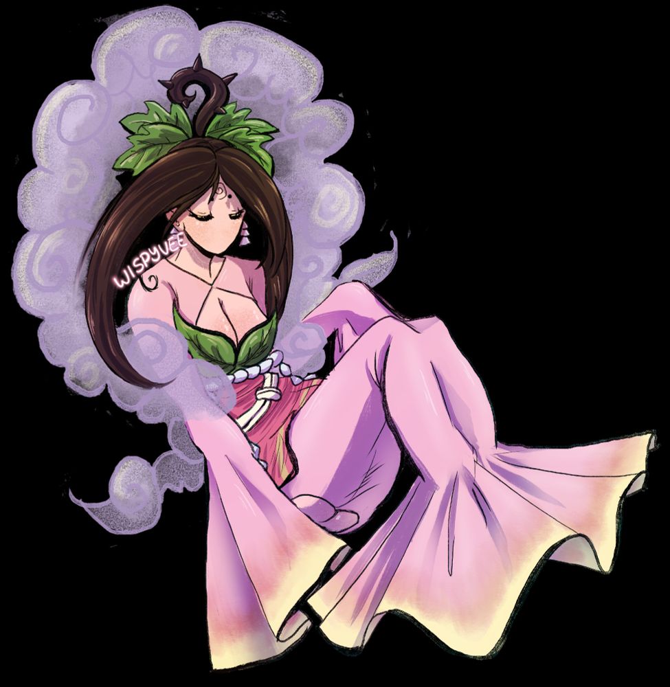 Girl in a pink kimono with yellow accents floating in the air, surrounded by a purple cloud. Her brown hair has a curly spike on the top and is adorned by green leaves. her kimono shows cleavage that is also framed by peach leaves, and her waist has a dark pink obi tied around it.