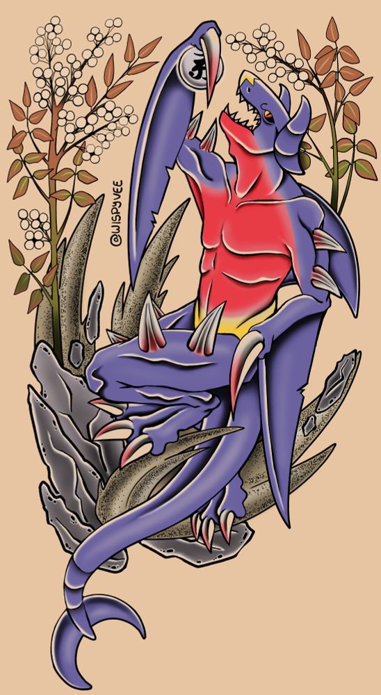 Japanese styled illustration of a garchomp (blue and red shark-like dragon with a yellow underbelly) holding up a pearl. The creature is crouching on rocks and being enveloped by sand and white-fruited nandina
