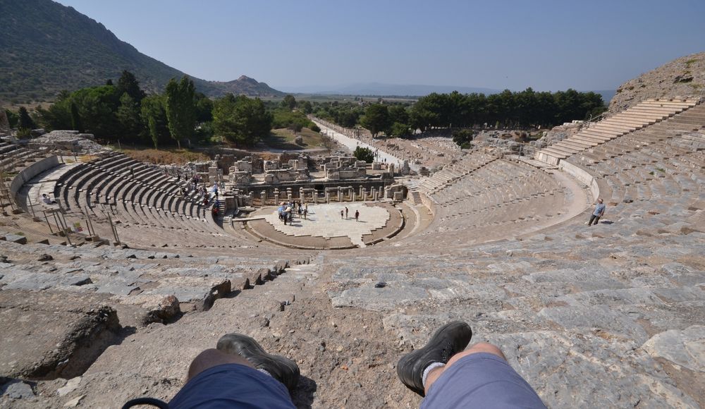 Looking down at the stage of the ancient Theatre of Ephesus from the stone seats. 