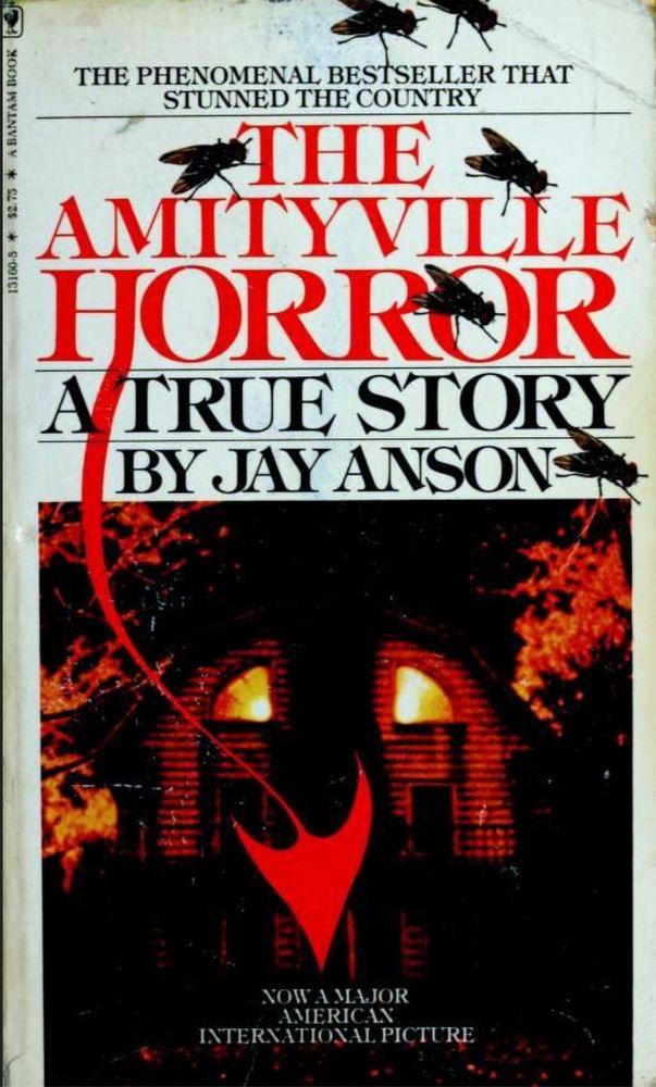 Book cover The Amityville Horror A True Story (LOL) by Jay Anson with a photograph of the Lutz Family home with its infamous glowing 2nd floor windows. 