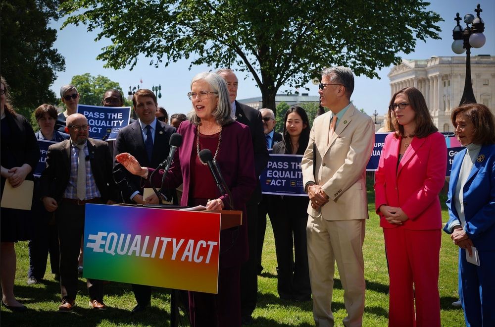 Rep. Katherine Clark joins Rep. Chris Pappas, Mark Takano, Sarah McBride, and Speaker Emerita Pelosi at the reintroduction of the Equality Act
