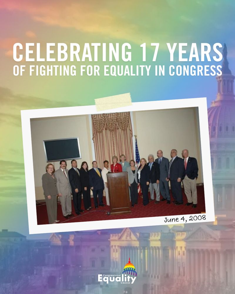 Celebrating 17 years of fighting for equality in Congress. IMAGE: A postcard dated June 4, 2008 showing then-Representatives Tammy Baldwin and Barney Frank with other founding members of the LGBT Equality Caucus.