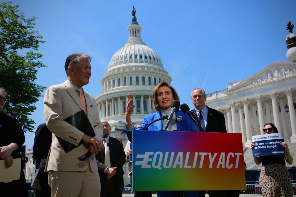 Rep. Takano and Speaker Emerita Nancy Pelosi at the reintroduction of the Equality Act