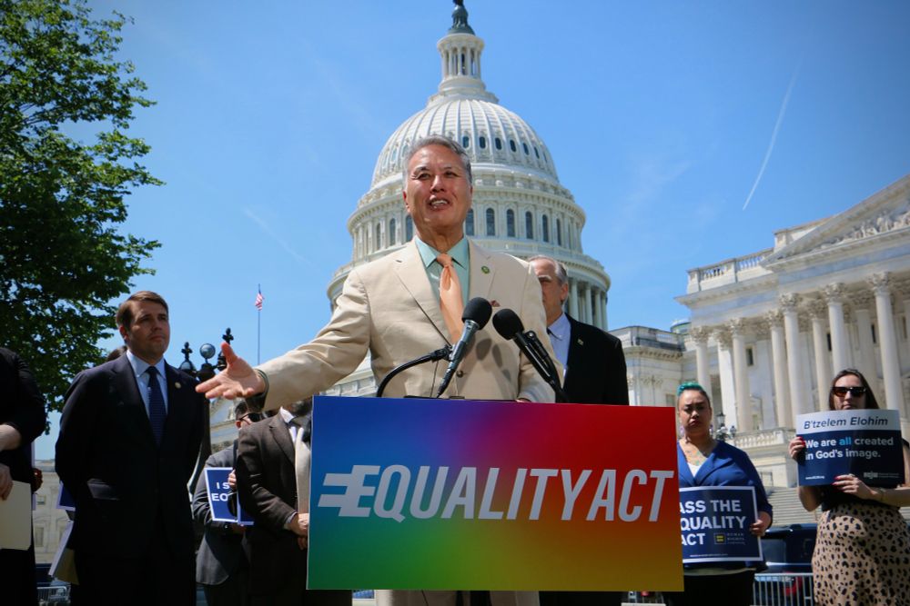 Rep. Mark Takano introducing the Equality Act in front of the U.S. Capitol.