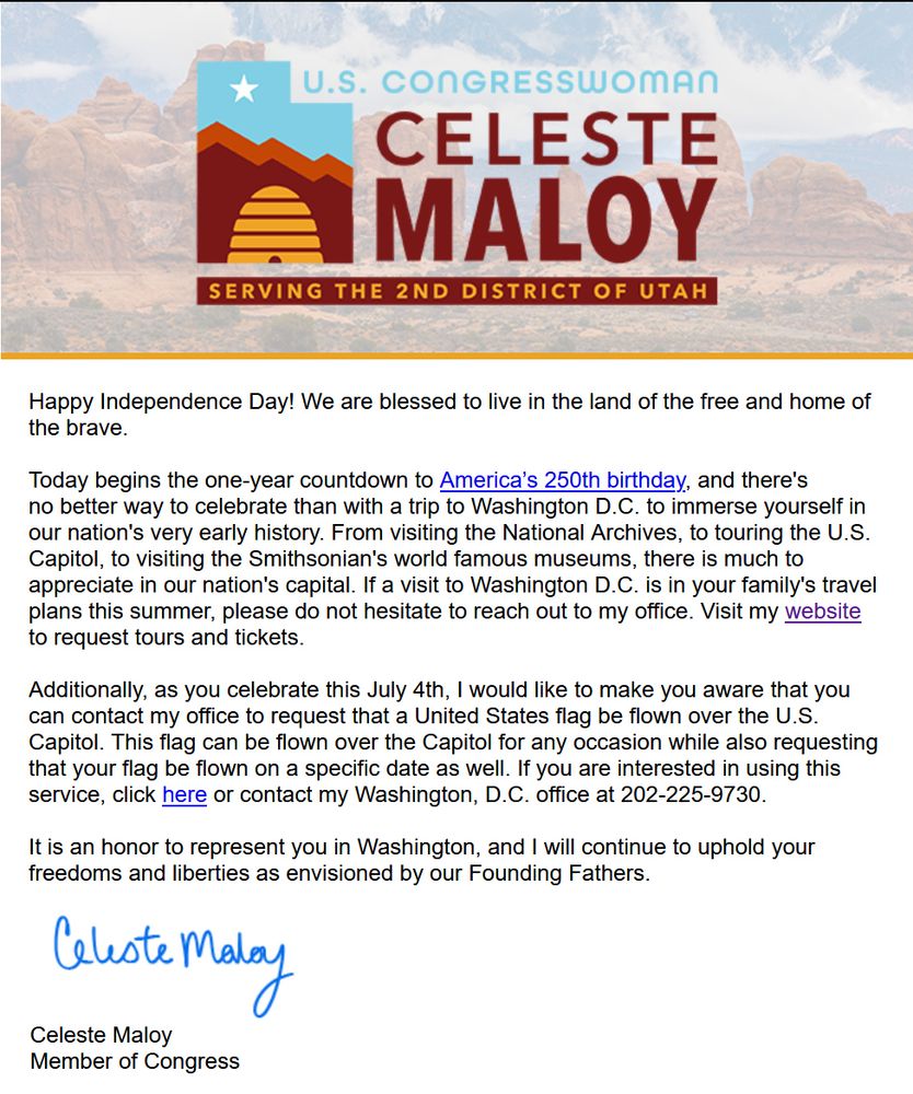 Screenshot of an email from House Rep. Celeste Maloy (R-UT). The email is a pathetic attempt to celebrate Independence Day, not long after Rep. Maloy voted to pass H.R. 1 (the "Big Beautiful Bill").