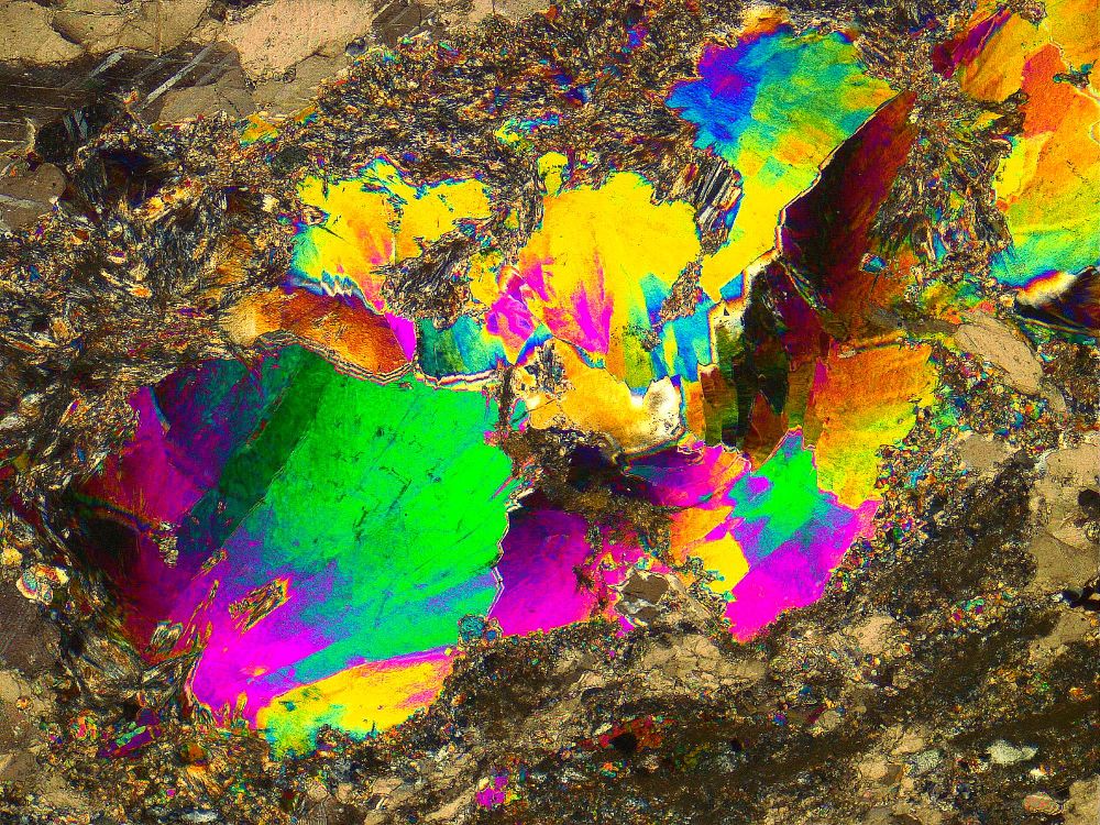 White mica crystals in marble in thin section