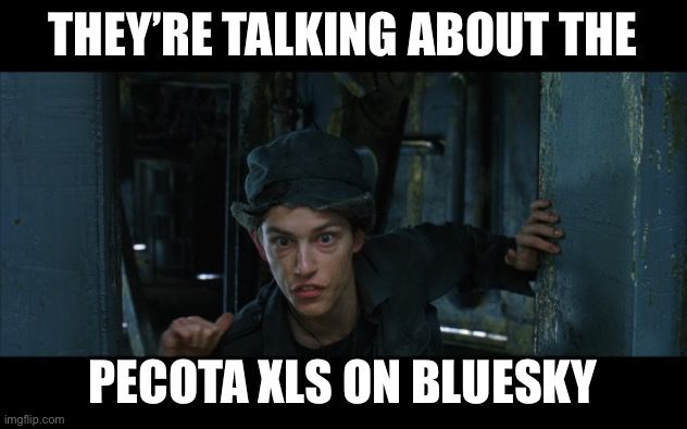 The Mouse “Neo and Morpheus are fighting!” meme from THE MATRIX, with the text

THEY’RE TALKING ABOUT THE PECOTA XLS ON BLUESKY