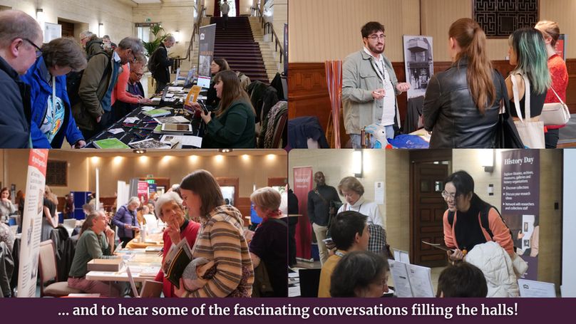 4 images of people interacting at History Day. Each has a combination of young and old people looking over tables and talking to, or listening to, the stall holder.