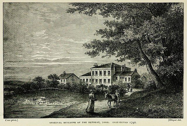 Engraving of an 18th century building in a pastoral landscape 