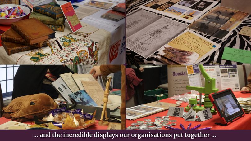 4 images of History Day table displays. There are old books and a tapestry replica top left, diagrams and photos of animals top right, sweets, a toy trilobite and documents bottom left, and a badge-maker, images for this, zines and pens bottom right.