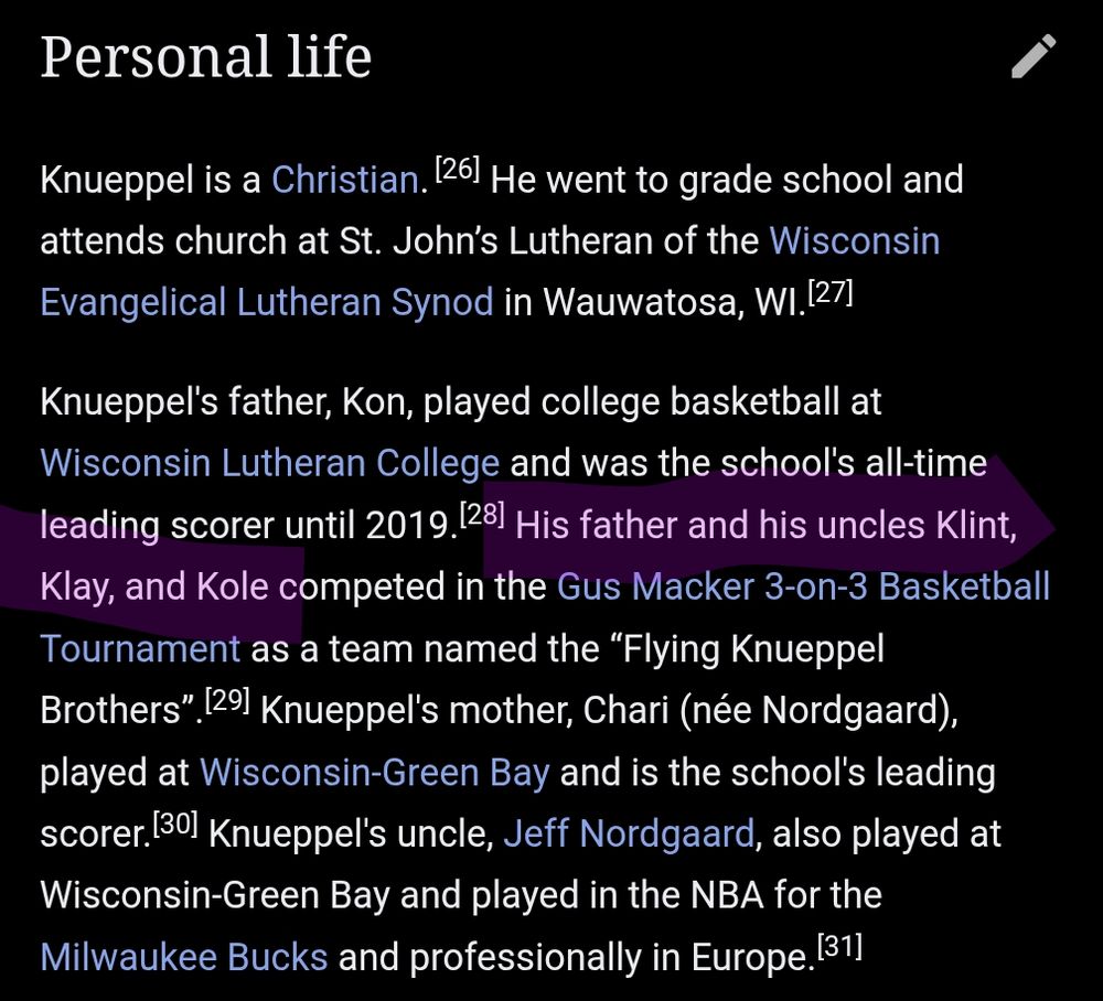 A Wikipedia screenshot for Kon Knueppel, whose father and uncles were also basketball players with "K" names: Klint, Klay, and Kole.