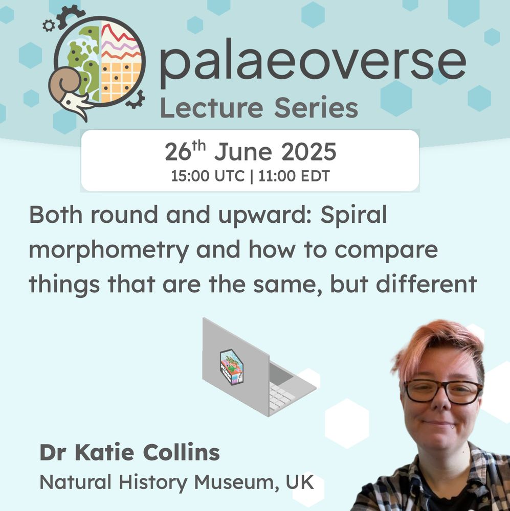 A flyer for the next instalment of the Palaeoverse Lecture Series, featuring a cartoon of an open laptop with the Palaeoverse logo on, and a picture of Dr Collins with pink hair, wearing glasses and a checked shirt