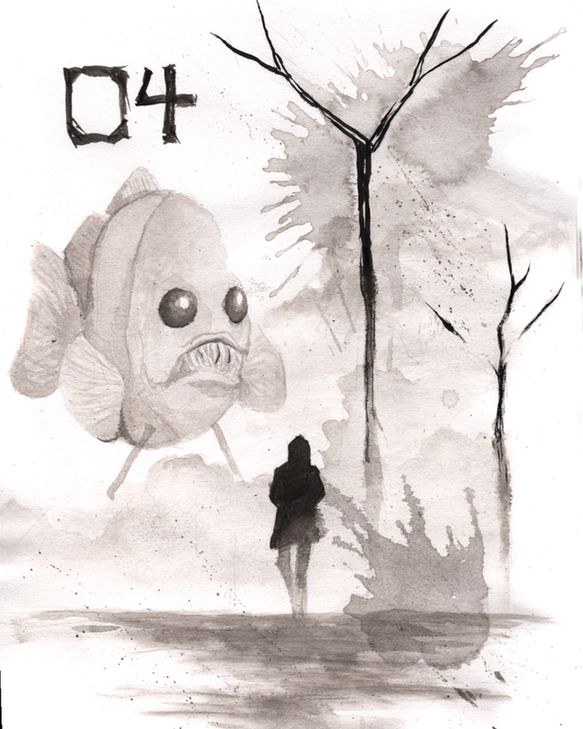 A drawing in ink washes, done with a brush. It shows a dark landscape with a shadowy figure. There is rolling fog and a couple bare trees. In the background, a large fish floats, facing the camera. It has huge black eyes and sharp teeth. The number 04 appears in the white space of the drawing.