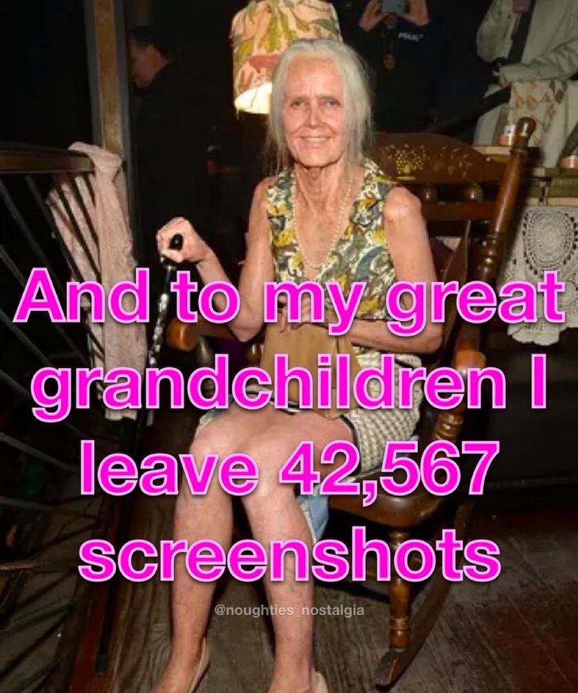 Picture of an old woman sitting, and pink text caption over it says “And to my great grandchildren I leave 42,567 screenshots.”