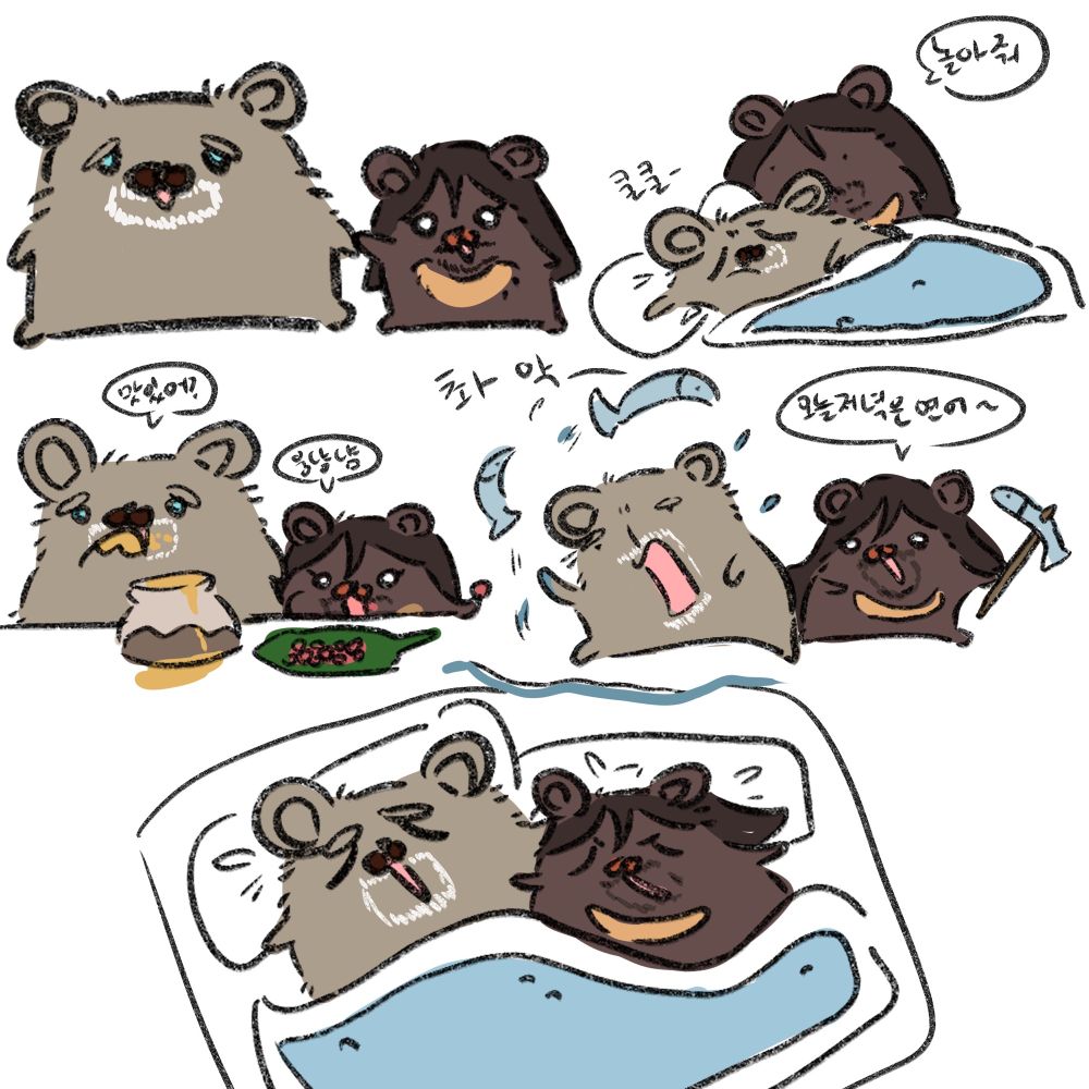 5 drawings of Mike Ehrmantraut as a pizzly bear and Kleon Rivas as a sun bear.
1. The two holding hands. Mike is much bigger than Kleon.
2. Mike sleeping and Kleon bothering him.
3. Mike eating honey and Kleon eating berries.
4. Mike throwing fish out of water and Kleon holding a skewered fish.
5. The two sleeping next to each other in bed.