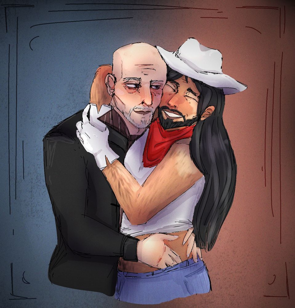 Mike Ehrmantraut hugging Kleon Rivas. Mike is giving a small smile while Kleon is smiling with his teeth.