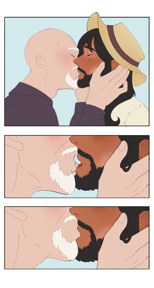 3 panel comic. 1. Mike Ehrmantraut kissing Kleon Rivas. 2. Close up of their mouths slightly parted, a string of saliva between them. 3. Close up of their mouths now touching and kissing.