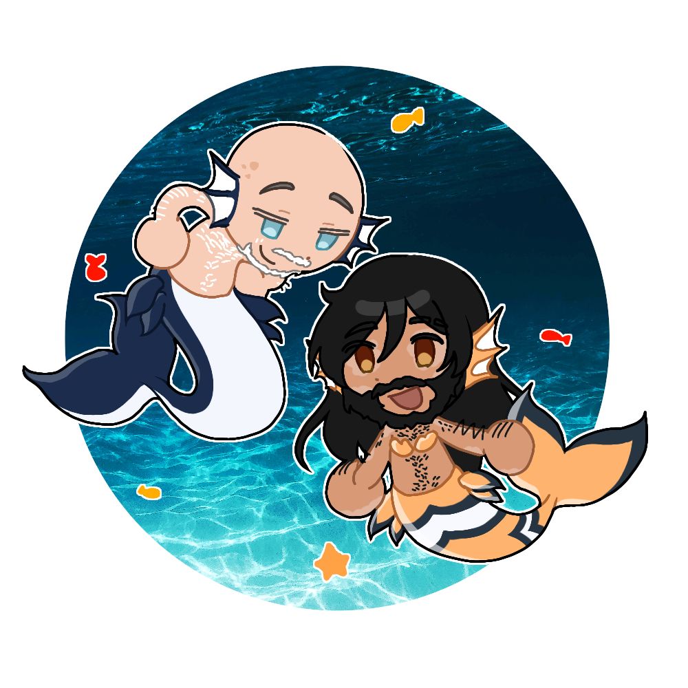 digital art of Mike Ehrmantraut as an orca merman and Kleon Rivas as a clownfish merman.