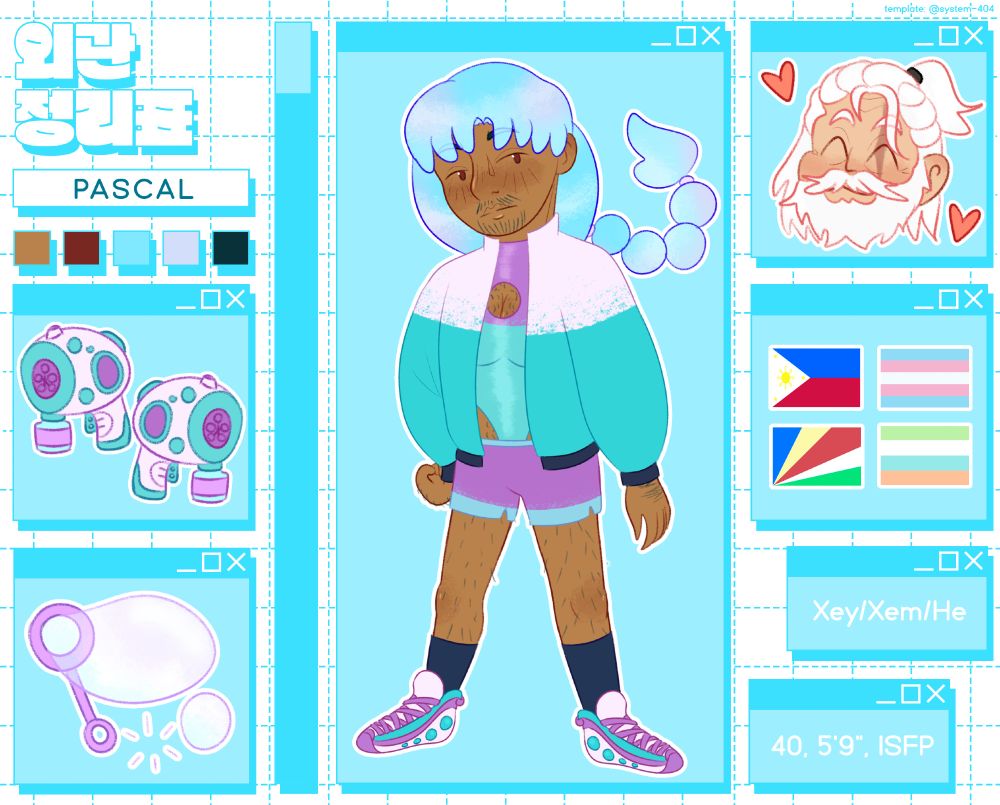 A dark-skinned character named Pascal with light blue hair that shines slightly purple. Pronouns: xey/xem/he. Age: 40. Height: 5'9". MBTI personality type: ISFP. Filipino, Seychellois, transgender, and unlabeled. His weapon are two bubble guns and a bubble wand. Next to him is a headshot of Reinhardt with hearts around him. 