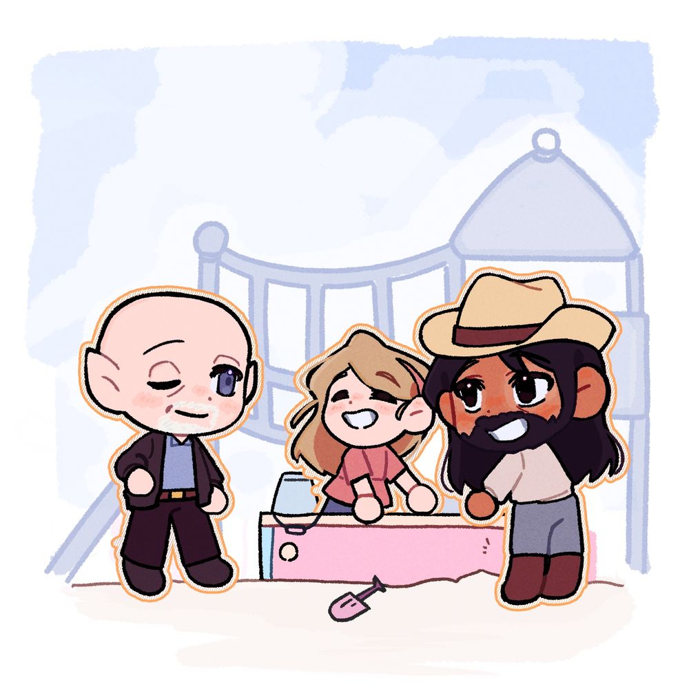 digital art of a playground scene. Mike Ehrmantraut watches as Kaylee Ehrmantraut plays in a pink sand box with Kleon Rivas.