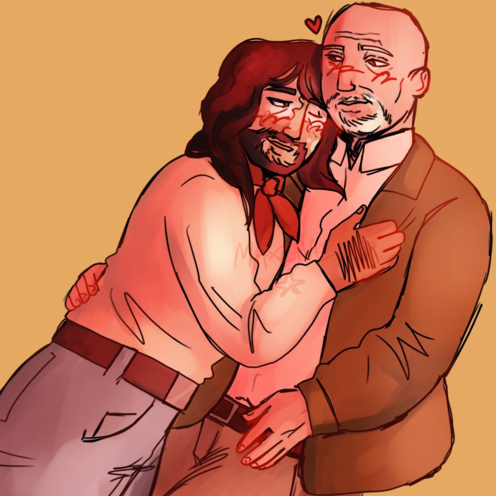 Digital art of Kleon Rivas sleepily leaning on Mike Ehrmantraut
