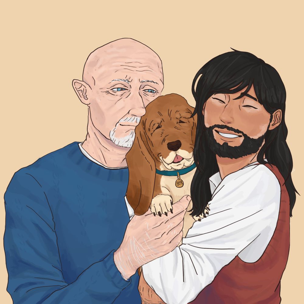 Digital art of Mike Ehrmantraut and Kleon Rivas holding Banjo the basset hound.
