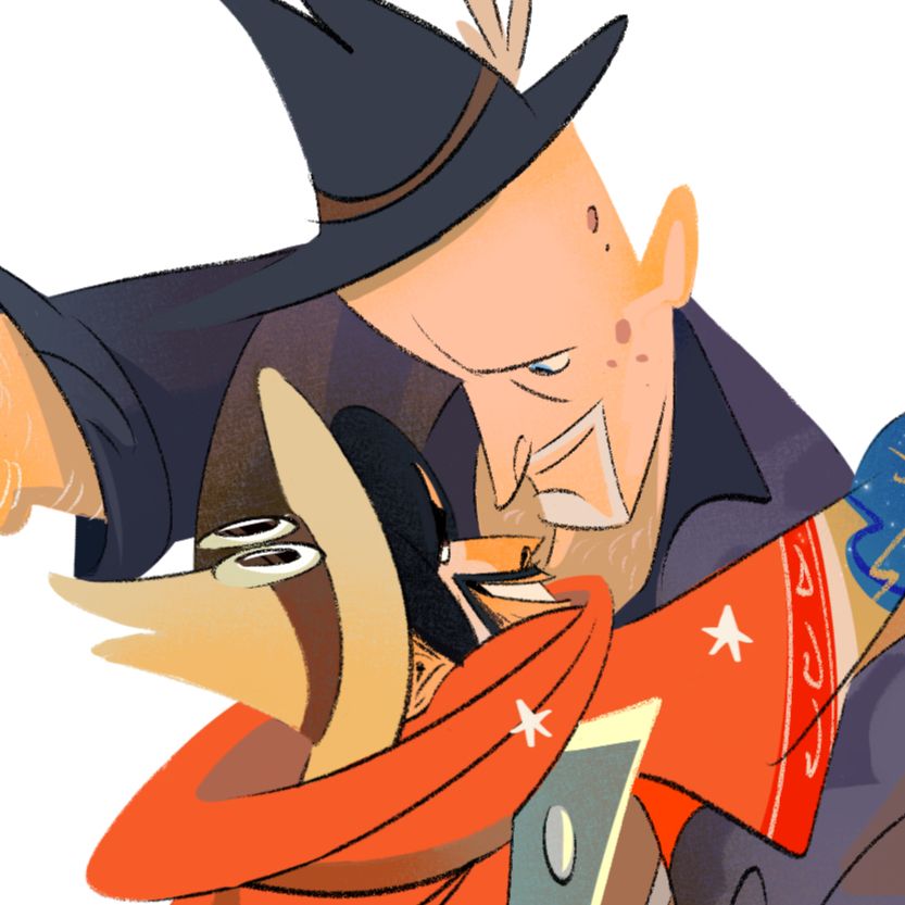 The same image, but close up on Mike and Kleon's faces close together and smiling.