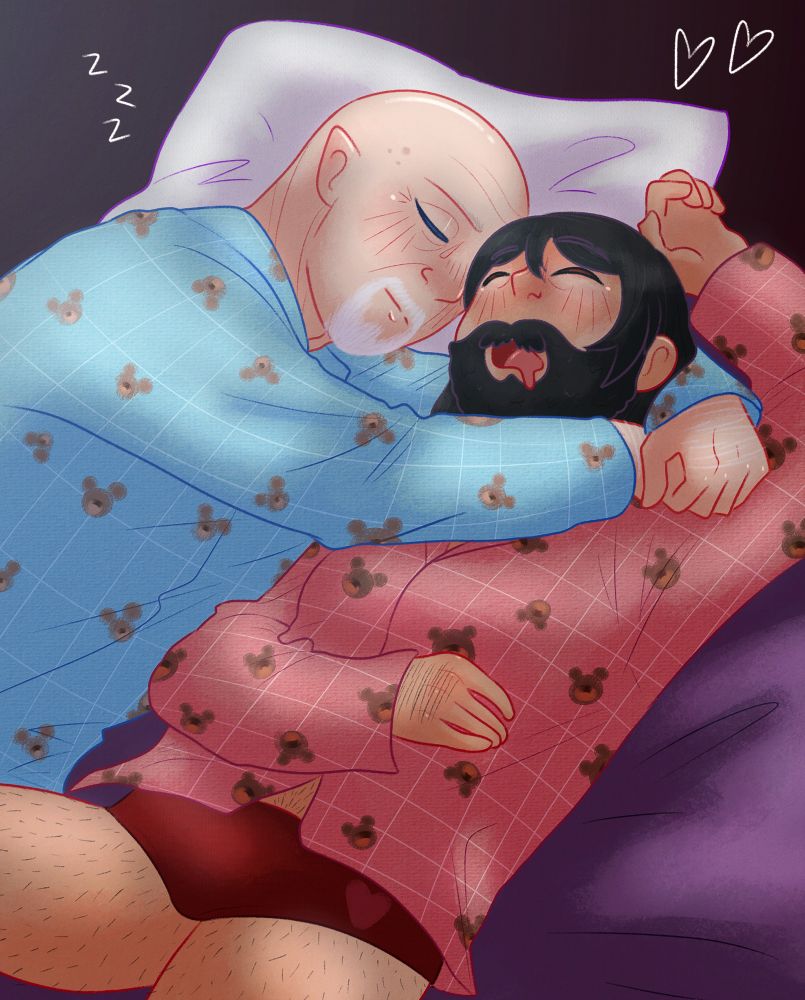 digital art of Mike Ehrmantraut and Kleon Rivas cuddling sleeping while wearing matching bear print pajamas.