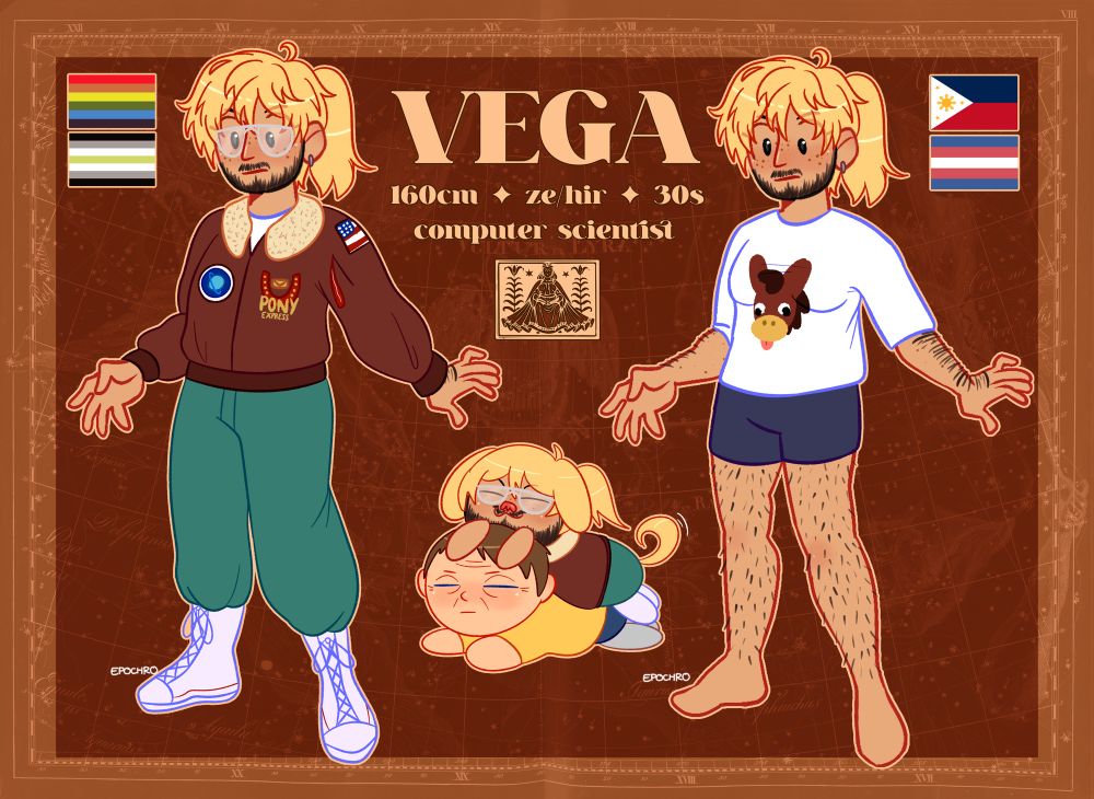 Reference sheet for Vega, 160cm tall, ze/hir pronouns, in hirs 30s, computer scientist, virgo, gay, agender, transgender, Filipino. Ze has bleached hair done in a pony tail and black facial hair, tan skin, freckles, black eyes, and black body hair. Hirs casual wear: white t-shirt with a silly horse face and black shorts. Hirs work attire: aqua jumpsuit with a brown bomber jacket over it and white boots with silver glasses. In the middle of the sheet is a drawing of Vega stylized with dog ears and a wagging tail laying on top of Swansea who has a neutral expression.