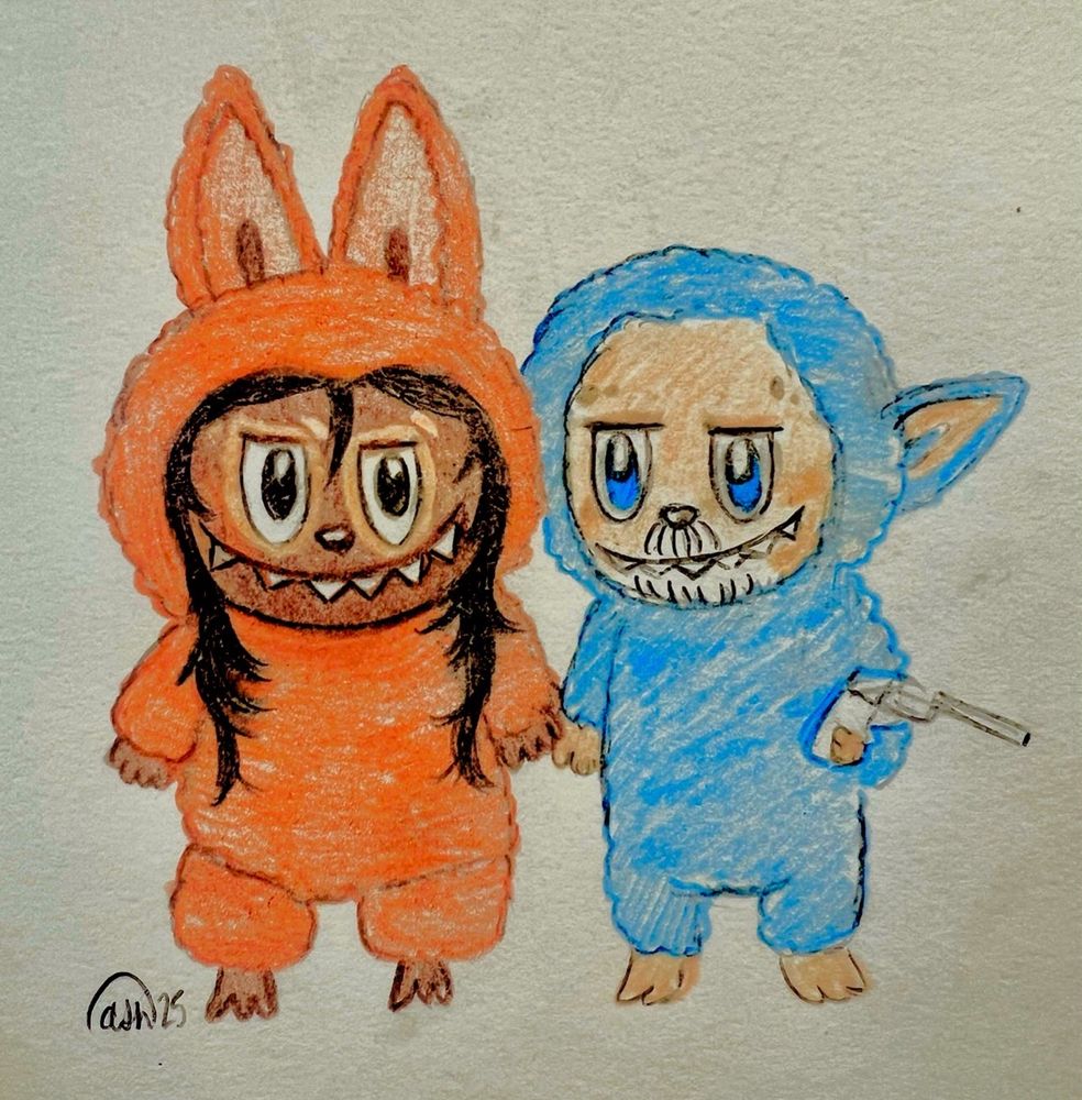 Kleon Rivas as an orange labubu creature next to Mike Ehrmantraut as a blue labubu (holding a pistol).