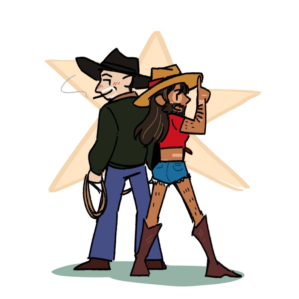 Digital art of Mike Ehrmantraut and Kleon Rivas dressed in cowboy attire standing back-to-back.
