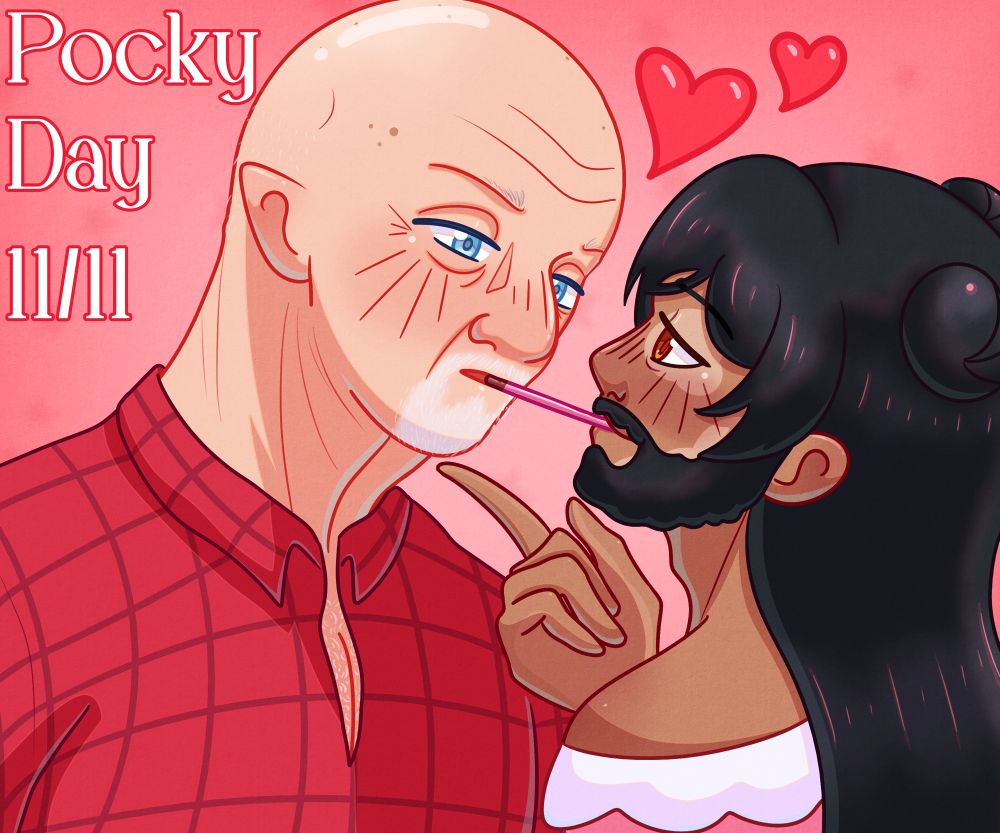 digital art of Mike Ehrmantraut and Kleon Rivas looking at each other with a pocket stick between their mouths. Next to Mike the text reads: Pocky Day 11/11. Above the two's heads are two red hearts. 