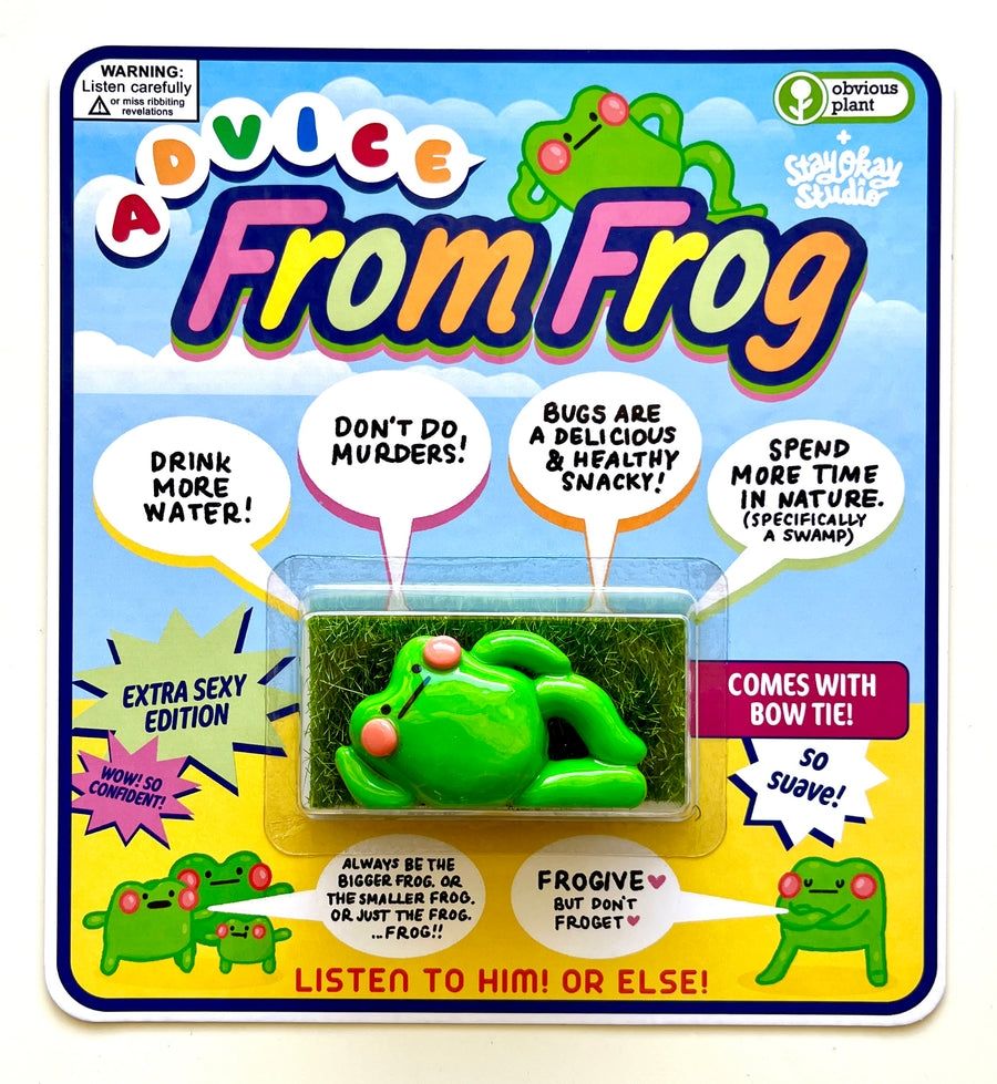 An Obvious Plant product called 'Advice from frog. A lovely little green model frog with rosy cheeks lies down surrounded by helpful speech bubbles like "don't do murders" 