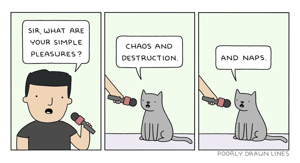 A Poorly Drawn Lines comic in which a man is interviewing a grey cat:
"Sir, what are your simple pleasures?"
"Chaos and destruction... And naps."