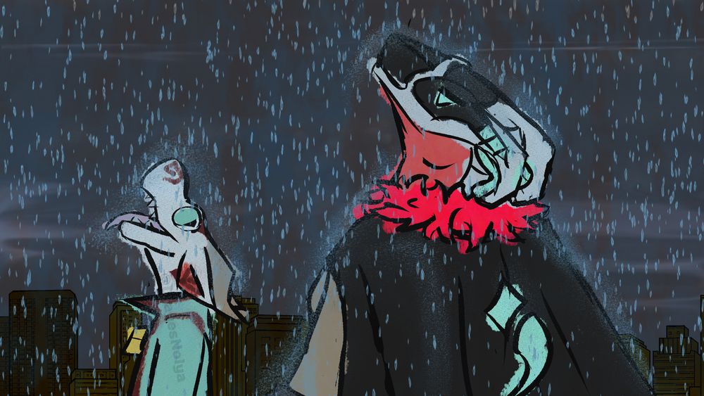its raining, nolya is looking at the sky with his tongue out to dry and drink the rain, pelta is looking overly seriously at something above them