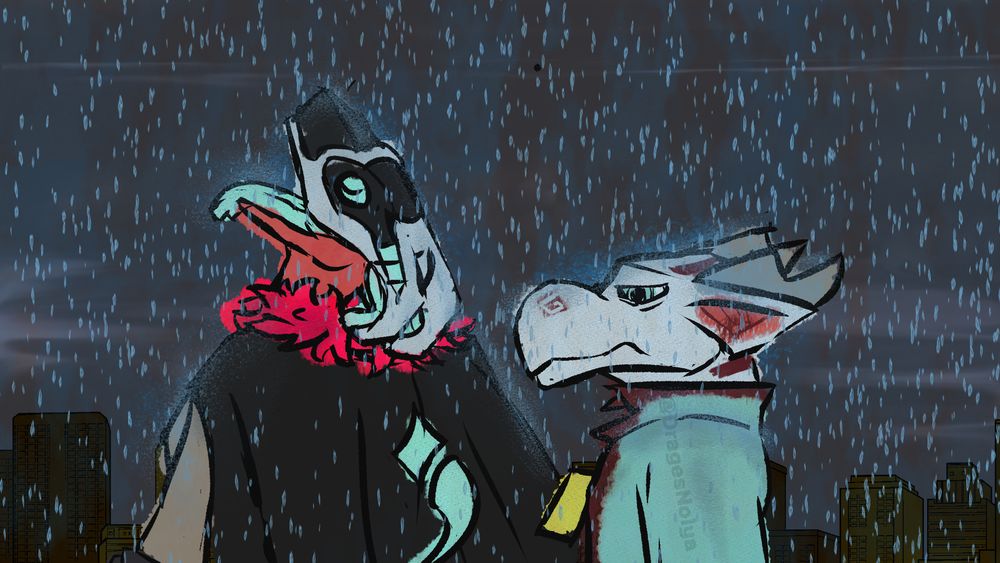pelta the synth looking at the sky with her mouth open drinking some of the rain, nolya the kobold looking miserable as he has to walk home in the rain