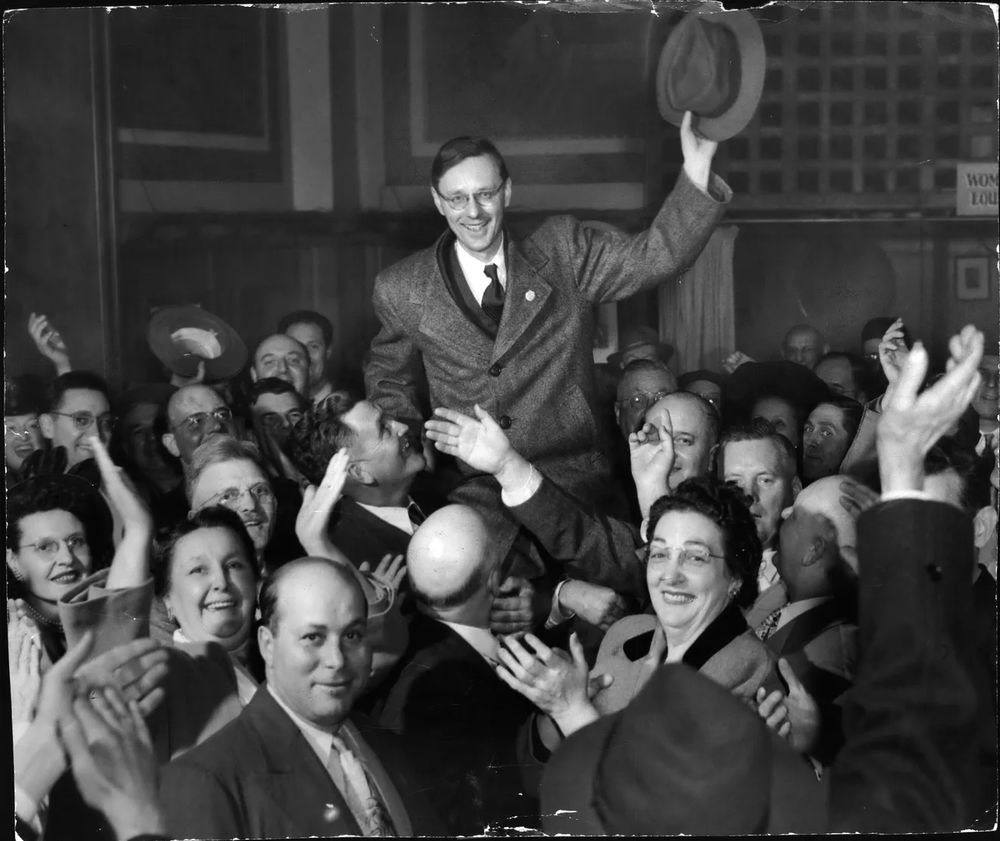 Frank Zeidler, Milwaukee's third (and as it turned out last) Socialist mayor, celebrates his victory on election night, April 4, 1948.