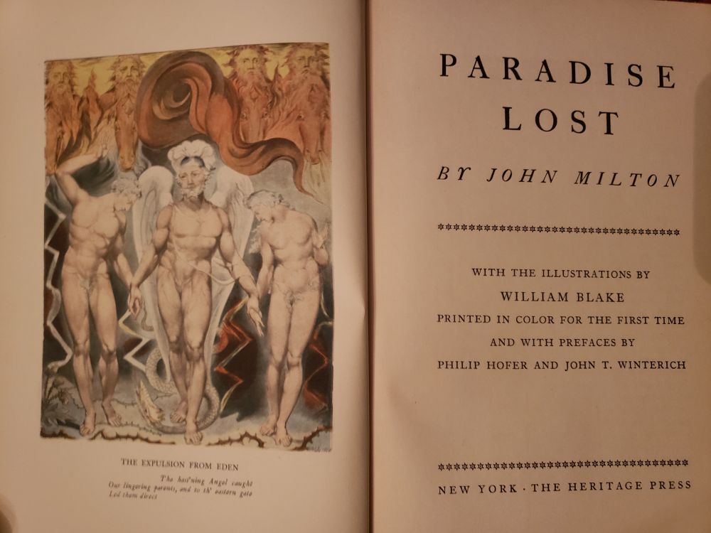 title page of Paradise Lost by John Milton with a water color by william blake , The Expulsion from Eden.