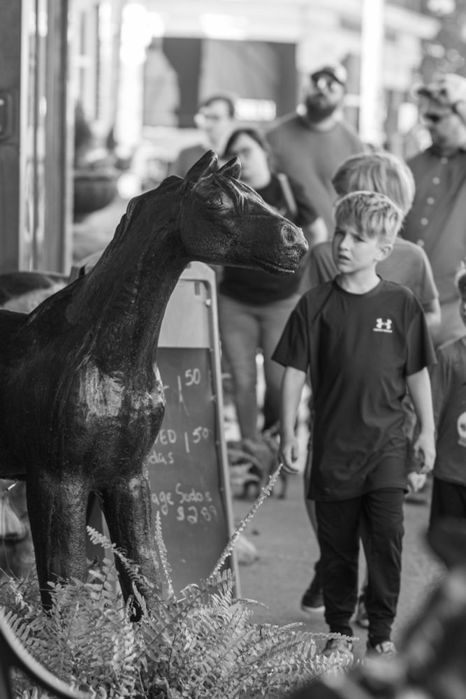 A black and white photograph of a little boy walking down the street looking very confused at a horse statue.
