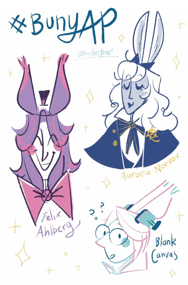 Three final fantasy XIV characters, all viera (bunny people). Text reads #BunyAP - Otherbuttons - Aurora Norvov - Felix Ahlberg - Blank Canvas 