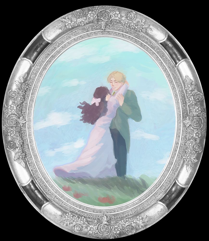 an impressionist style painting of dio brando with an original character. the two figures are standing in a sunny field, looking lovingly at each other. the sky is dotted with blue clouds and there are some red flowers in the foreground.