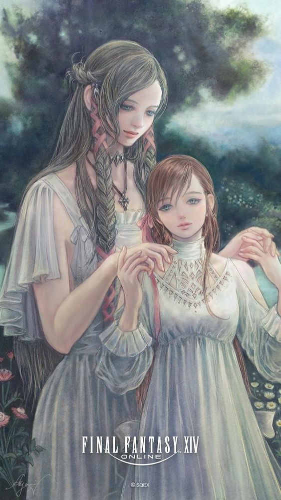 arte promocional do ffxiv mostrando as personagens minfilia e ryne
Minfilia está por trás de ryne segurando as mãos dela.
o estilo de pintura é delicado com cores leves e desbotadas 