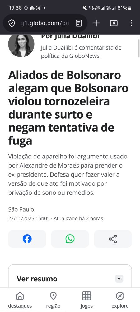 print do g1: Aliados de Bolsonaro alegam que Bolsonaro violou tornozeleira durante surto e negam tentativa de fuga
Violação do aparelho foi argumento usado por Alexandre de Moraes para prender o ex-presidente. Defesa quer fazer valer a versão de que ato foi motivado por privação de sono ou remédios.