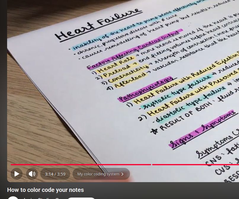 print de um video do youtube "how to color code your notes" mostrando anotações com o titulo "heart failure" em letra cursiva bonitinha