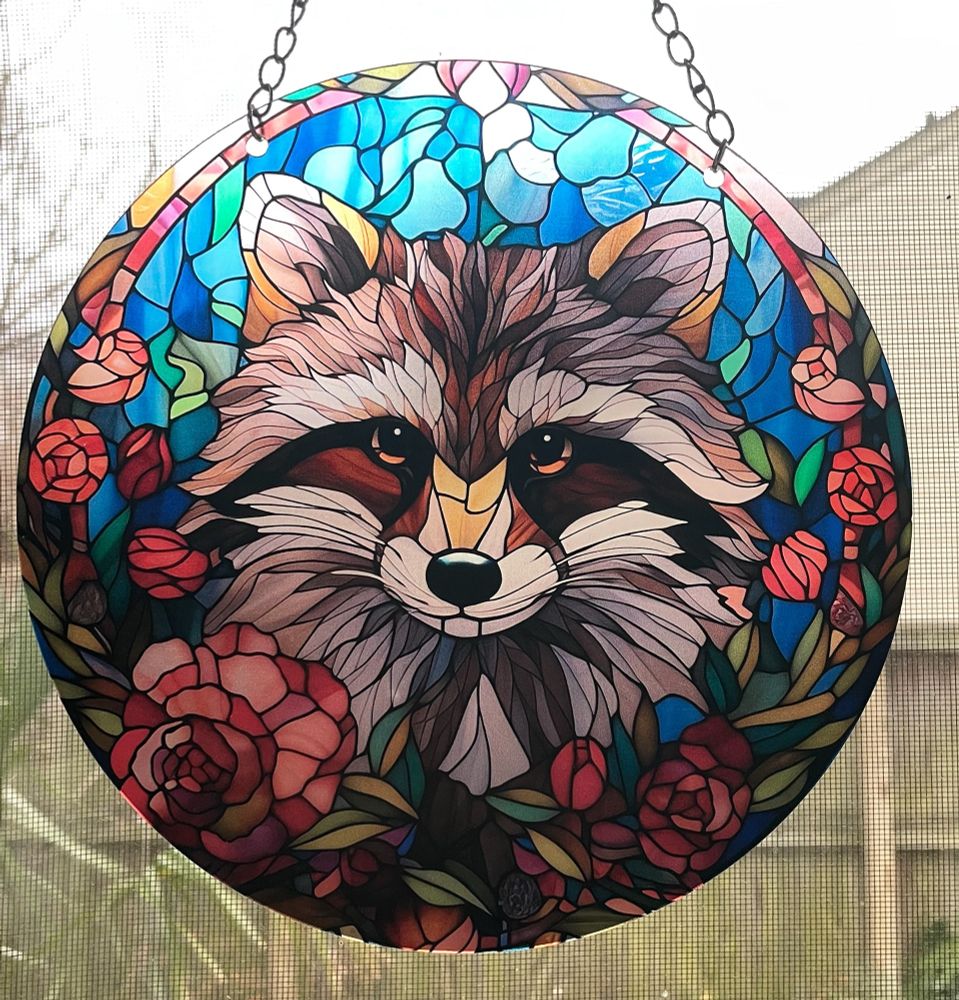 A sun catcher with a raccoon framed by roses.