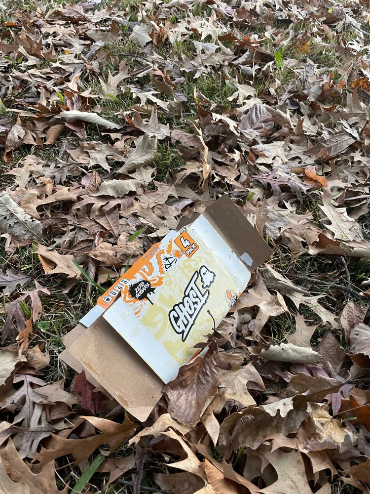 An empty Ghost energy drink box sits in leaves.