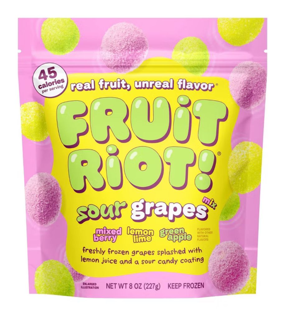 Photo of a package of Fruit riot frozen grapes sour treat