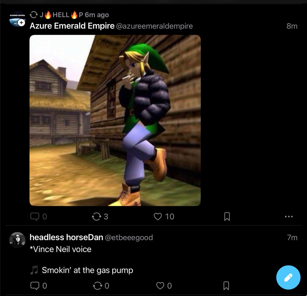 Screenshot of my feed with a post above this one featuring Link from Zelda smoking a cigarette next to a cabin.